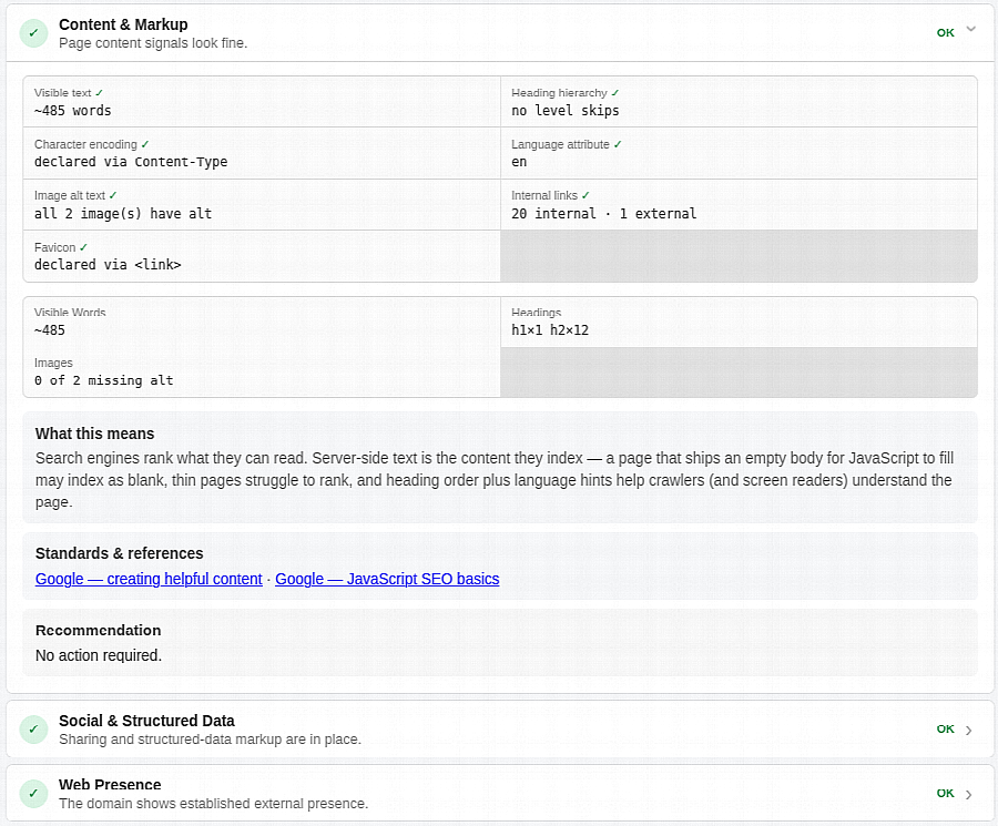Some of the SEO checks and recommendations, in action